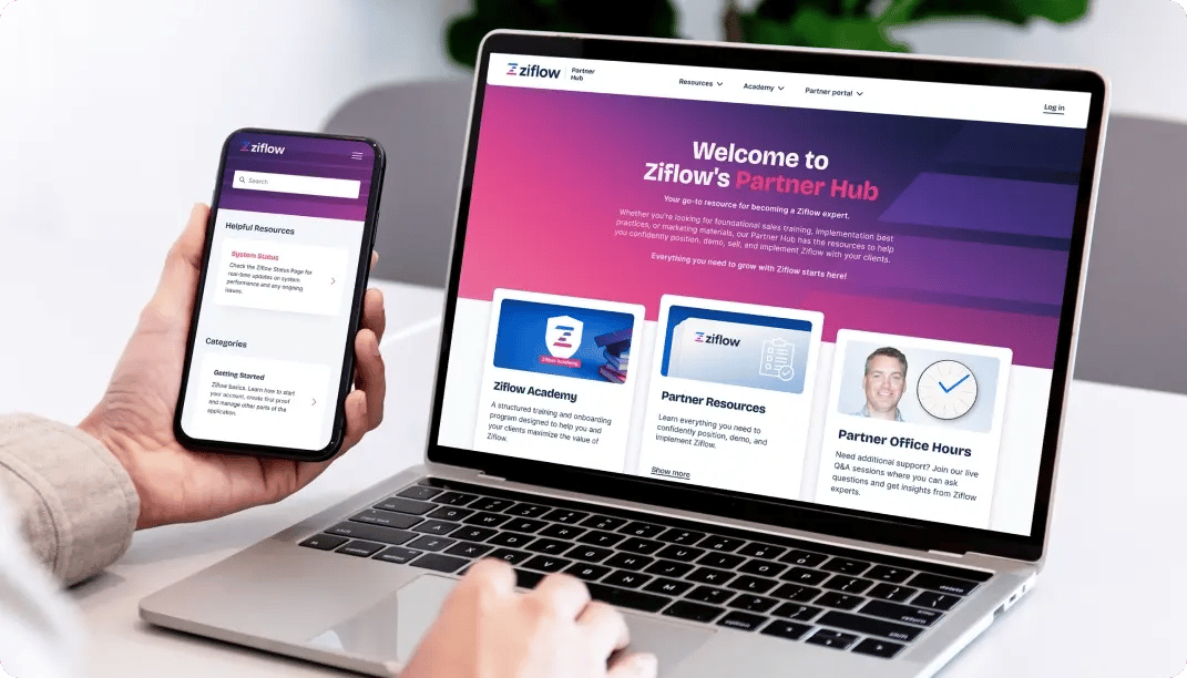 Ziflow Partners Hub homepage used on a laptop by a client and help center on a mobile device