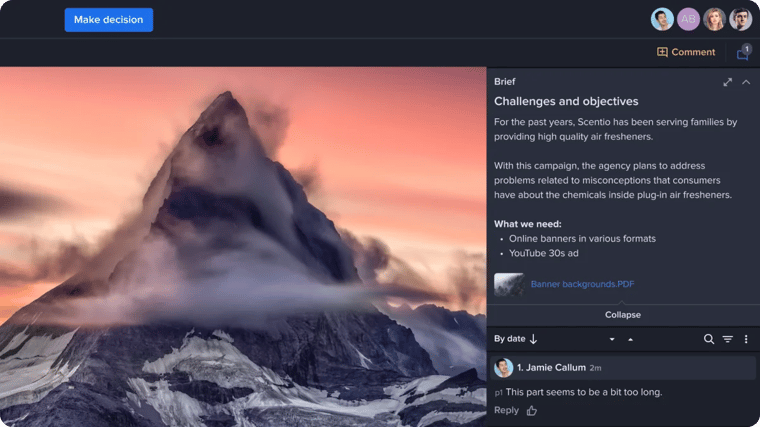 Ziflow Proof Viewer content review (photo of a mountain) with comments section
