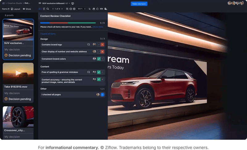 Ziflow ReviewAI checklist feature in a proof viewer
