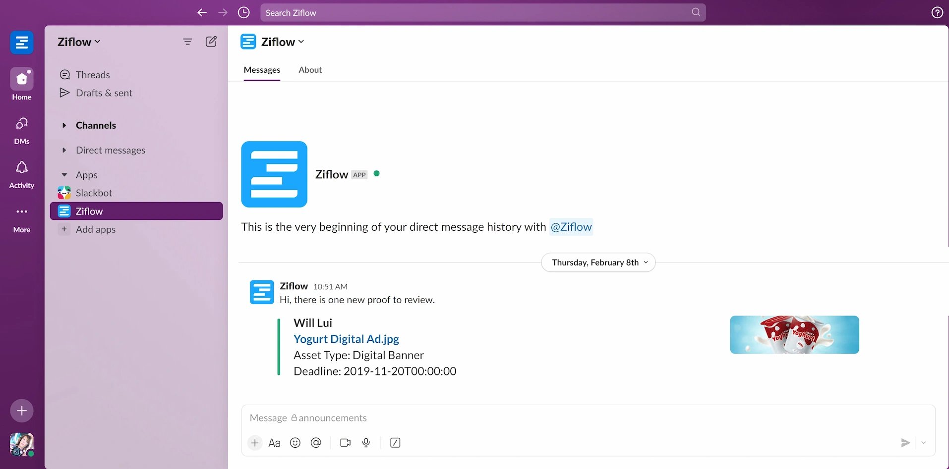 Ziflow and Slack integration - Slacks interfgace with Ziflow channel and the message 