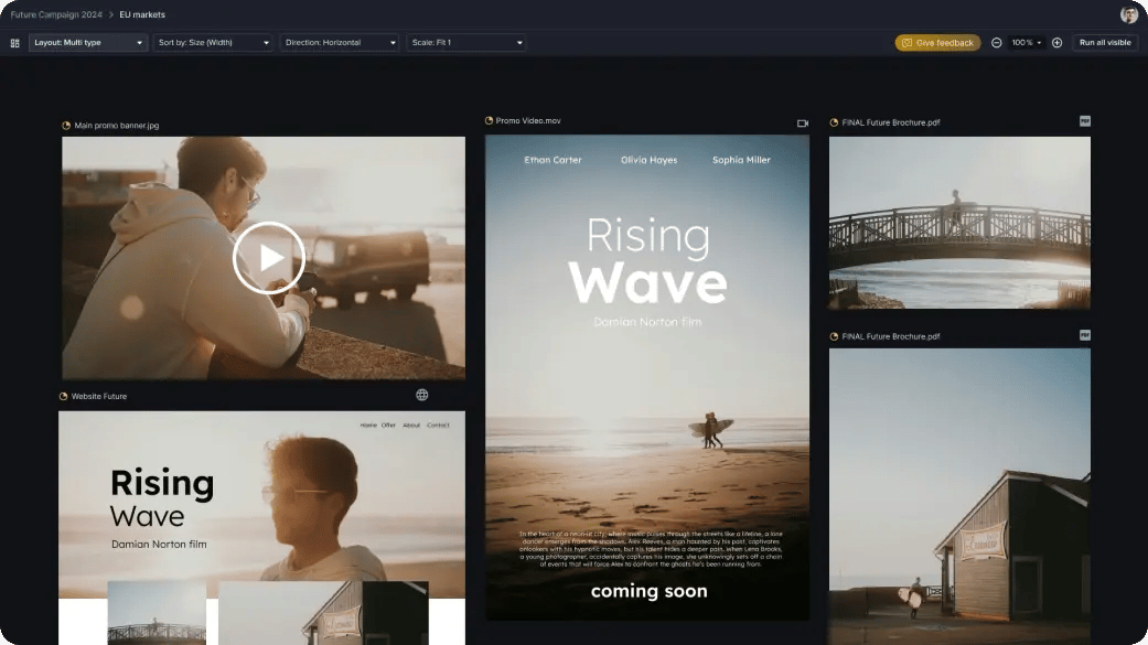 Ziflow gallery mosaic interface in a proof viewer with media and entertainment ad content