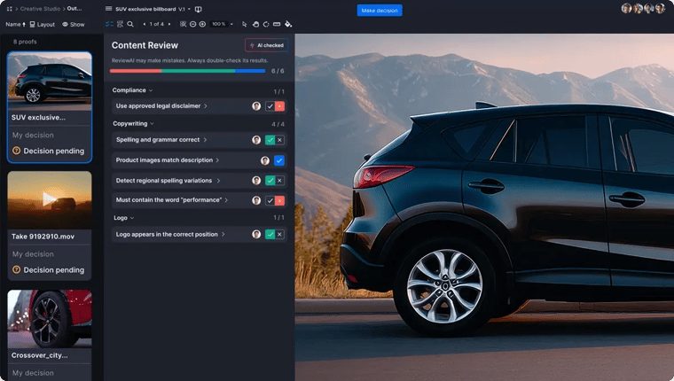 Ziflow proof viewer panel with sidebar ReviewAI checklist feature