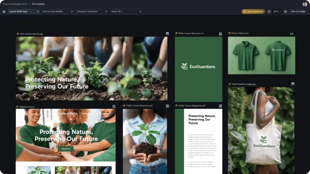 Ziflow user interface gallery view layout with non-profit organizations content