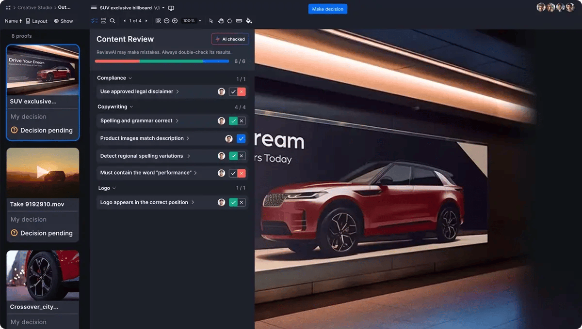 Ziflow user interface with Review AI Cheklist sidebar feature and car image content