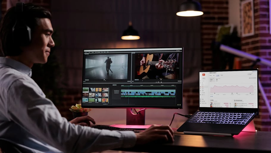 Video editor using Ziflow for video making on his laptop working station