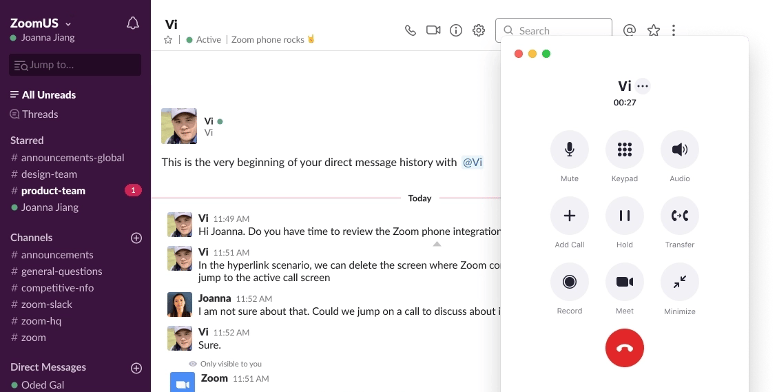 Zoom and Slack integration interface and meeting view