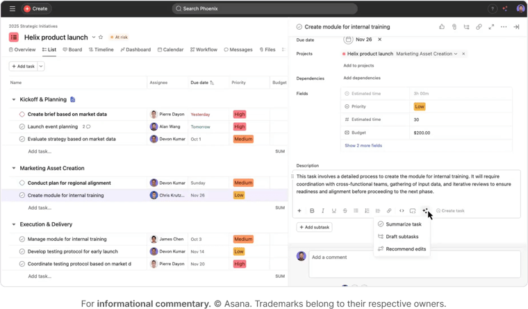 asana user dashboard view with list of tasks
