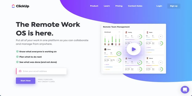 clickup landing page overview - the remote work OS is here