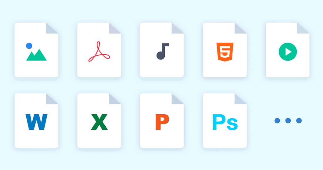 Various types files symbols: PDF. HTML5, Video, image, word, powerpoint, photoshop