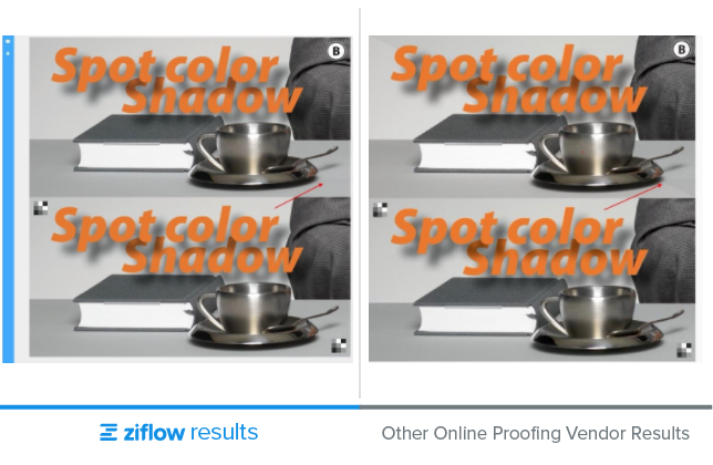 Spot color shadow four image options - other online proofing vendor results