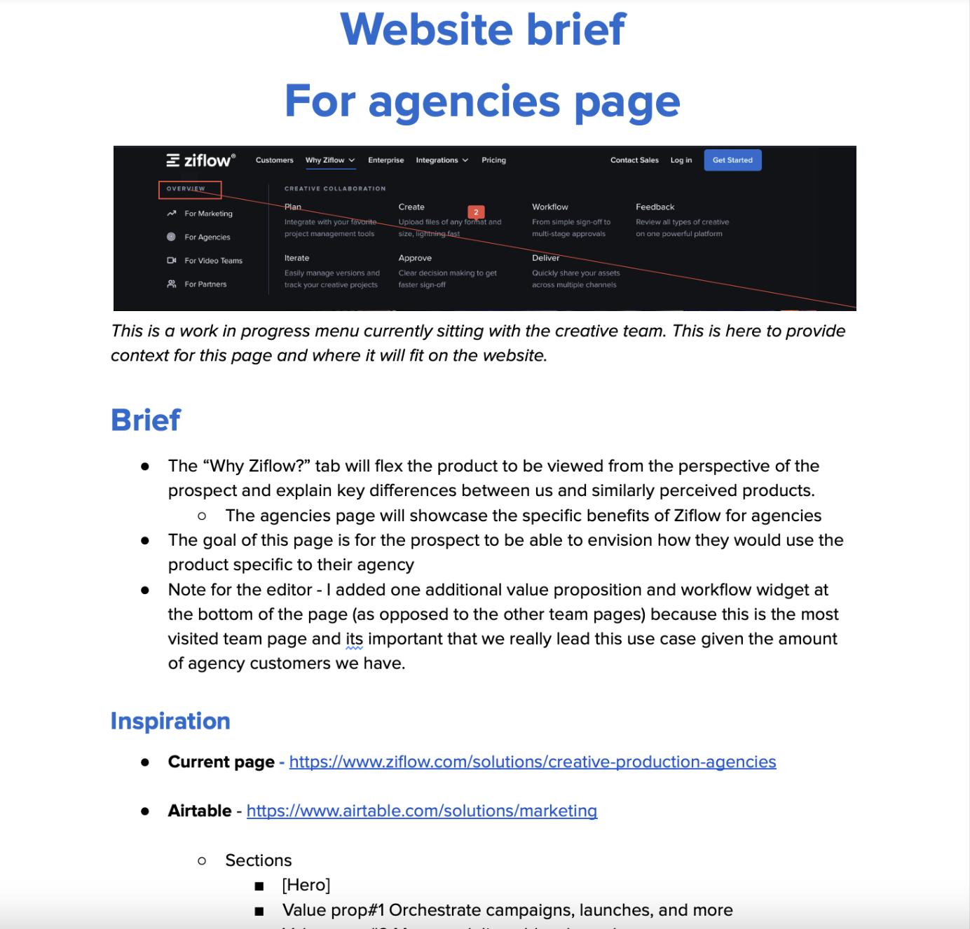 website page project brief example