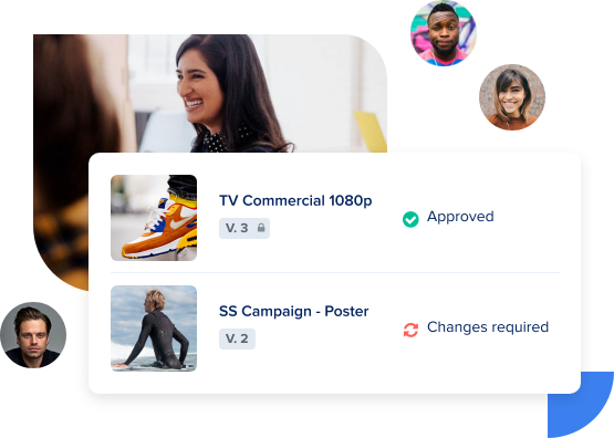 Creative workflow process overview with users avatars - two versions of proof approved and changes required