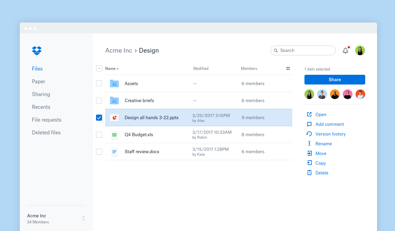 dropbox app overview dashboard with files list