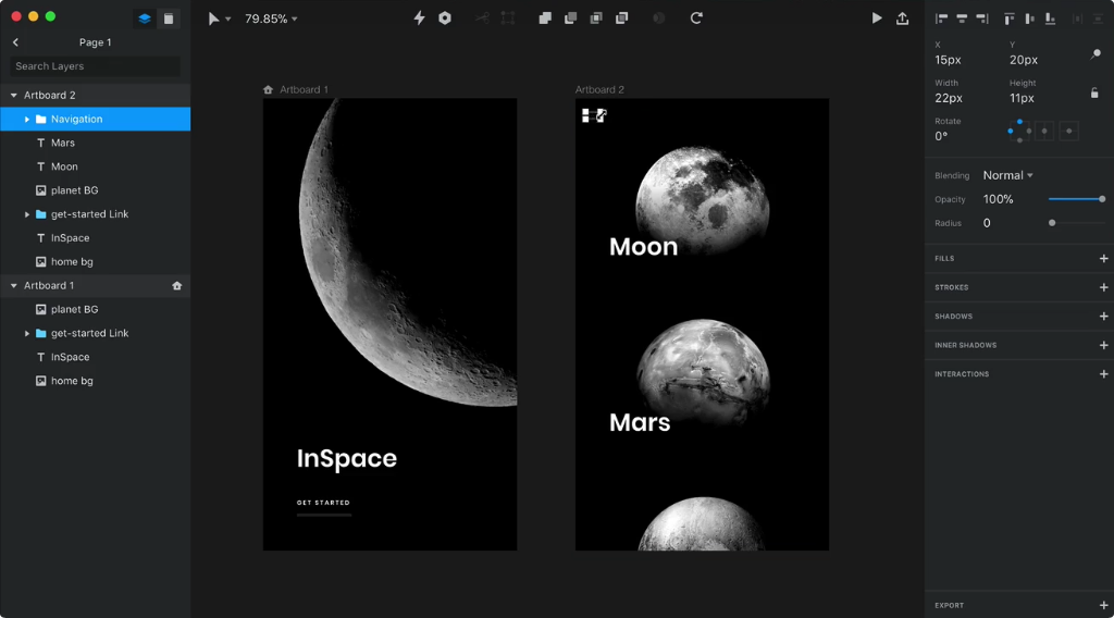 invision application dashboard with moon photos