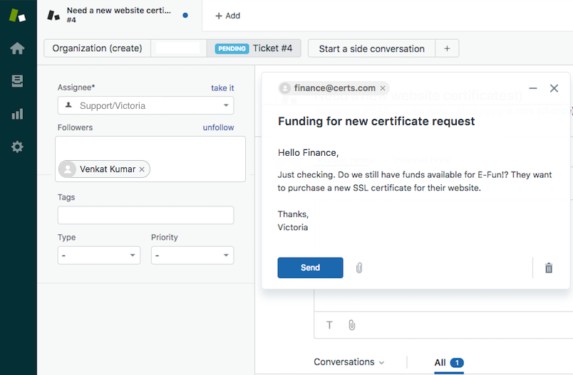 Zendesk collaboration platform over new certificate requestview
