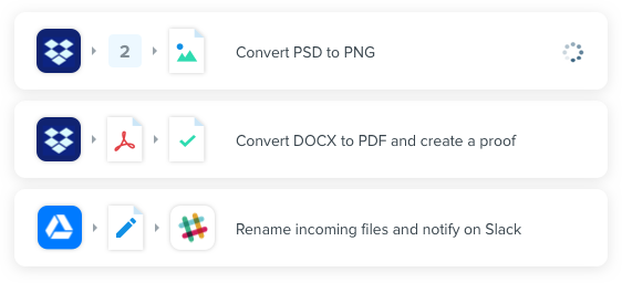 Ziflow automation tools - convert psd to png, convert docs to pdf and create a proof, rename incoming files and notify on Slack