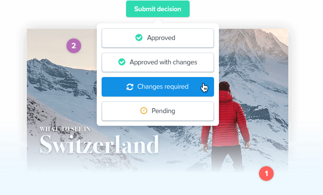 Photo with a man in the mountains of Switzerland proof being reviewed - Changes required checked with a mouse cursor