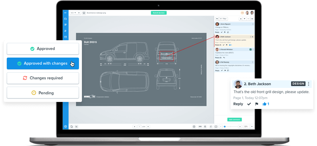 Manufacturing car project review in Ziflow with comments and markup tool