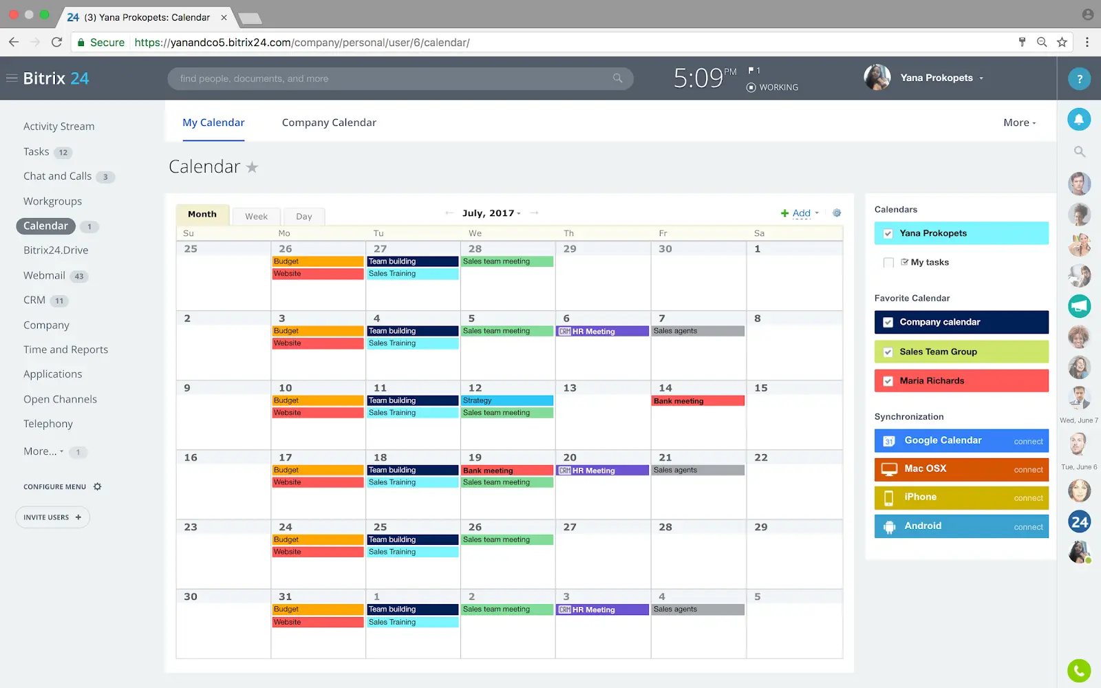 Bitrix24 calendar app schedule with sidebar dashboard screenshot