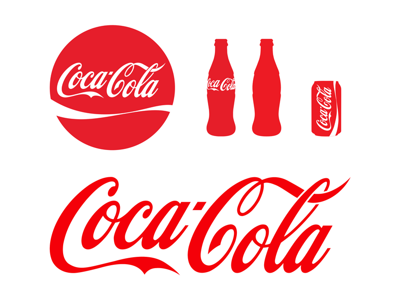 Coca cola brand elements - bottles, can, circle logo with red and white