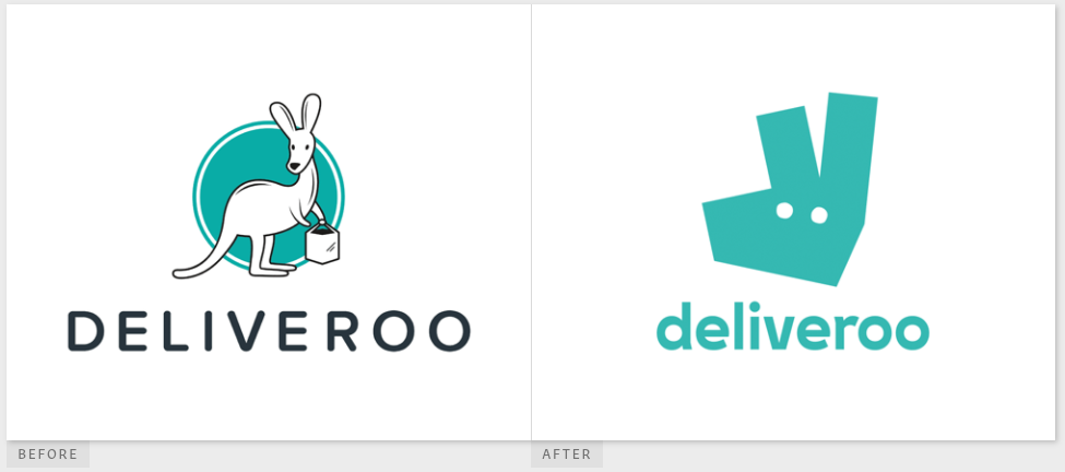 Deliveroo logos before and after - kangaroo animal as a main theme of a brand