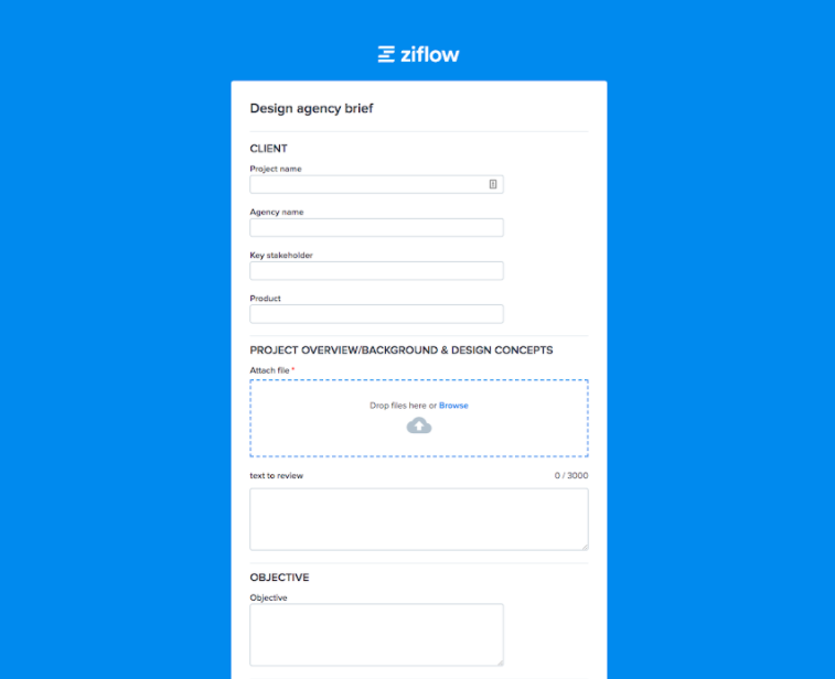 Intake form of Ziflow - Design agency brief, client data inputs and project overview/background & design concepts