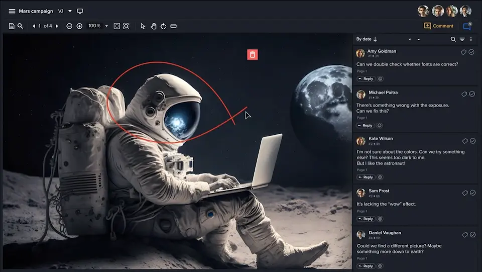 Cosmonaut sitting on the moon photo reviewed in a Ziflow app with comments section