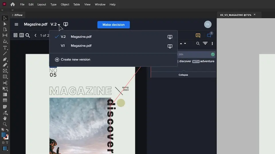 Documents and magazine proofing on print files in Ziflow - Version history selection dropdown