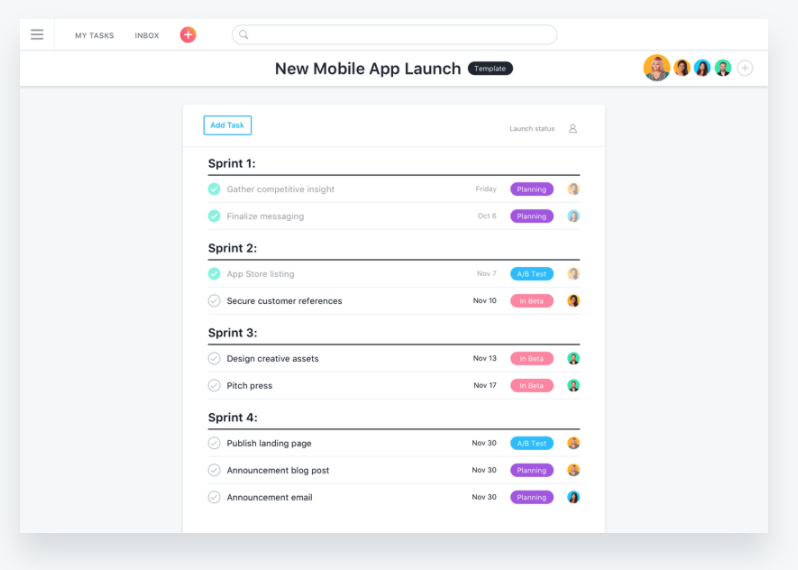 Asana general view of dashboard with grouped list of tasks and users