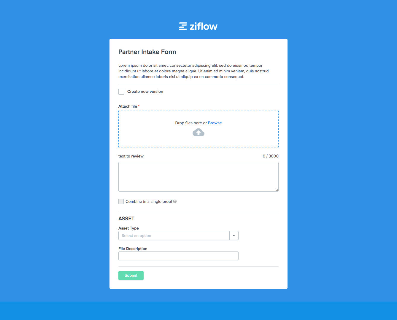Ziflow partner intake form screenshot - upload files and provide necessary data