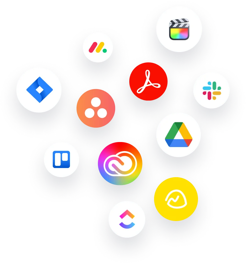 Integrations for Ziflow applications icons in white circles - Jira, Adobe, Clickup, Monday, Slack, Google Drive and more