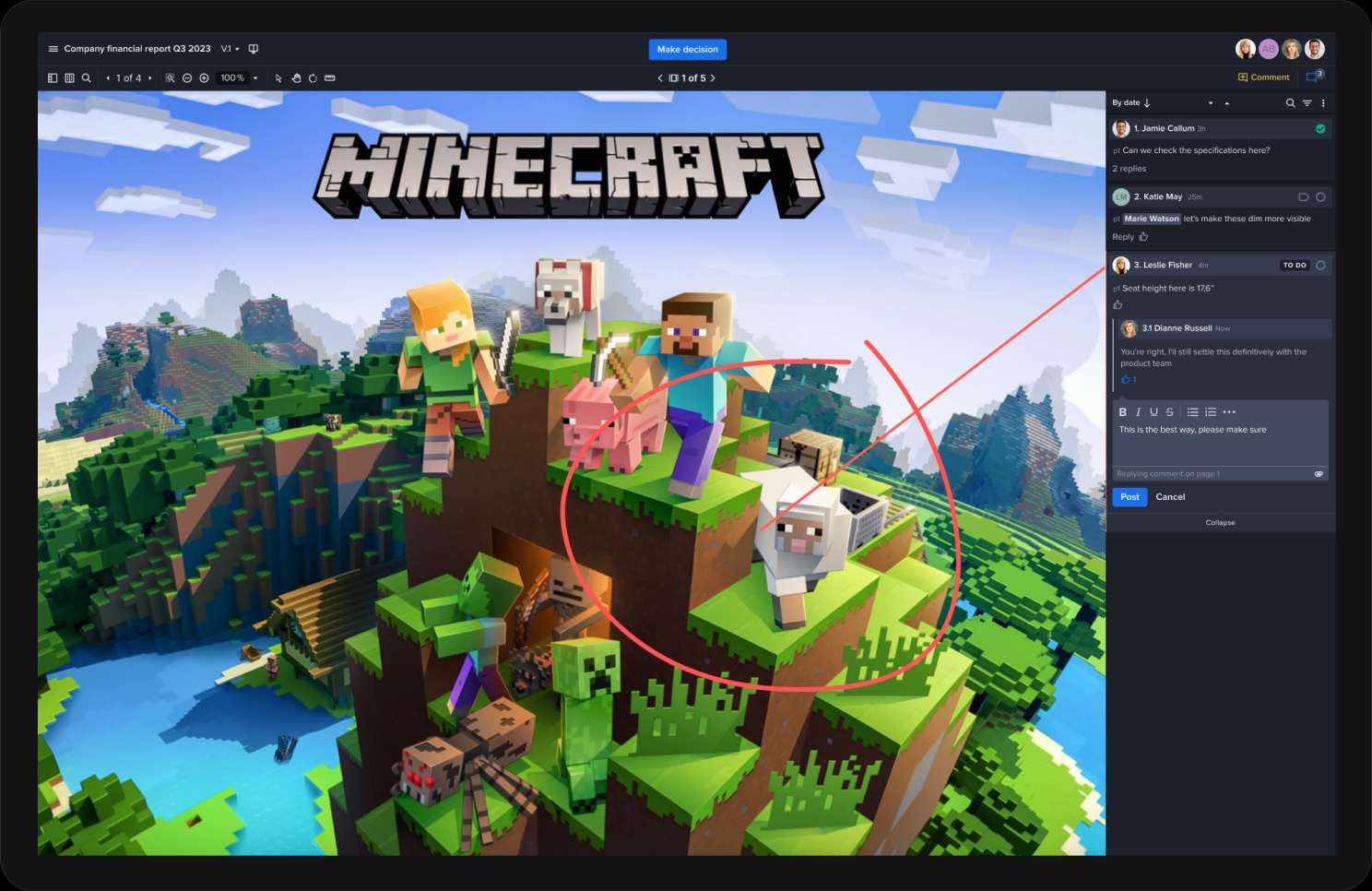 Minecraft gameplay thumbnail in a Ziflow proof viewer marked up