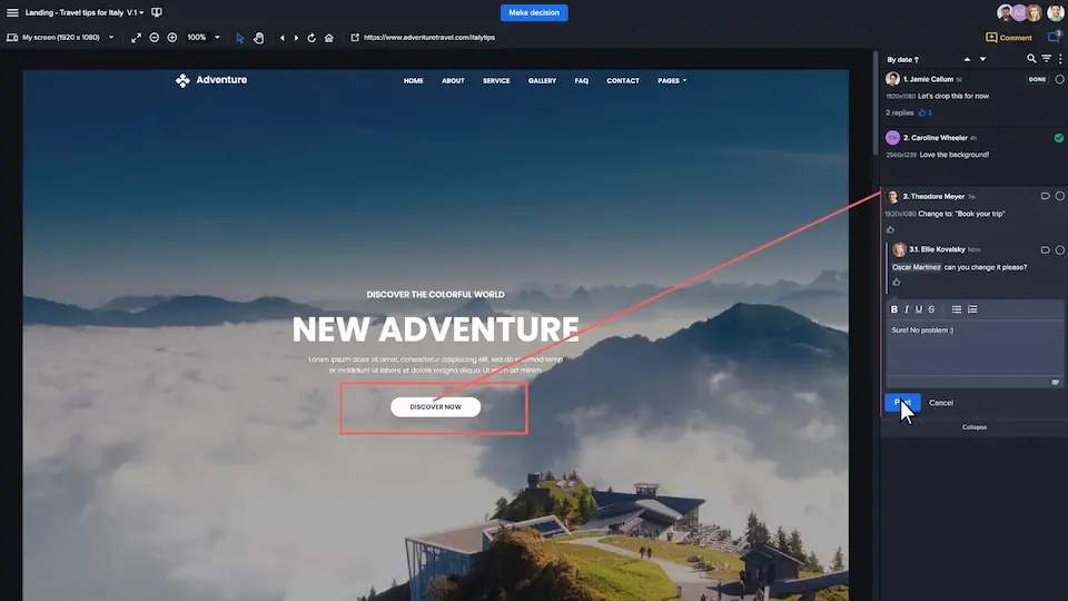 New adventure travel project reviewed in Ziflow with decisions status and comments