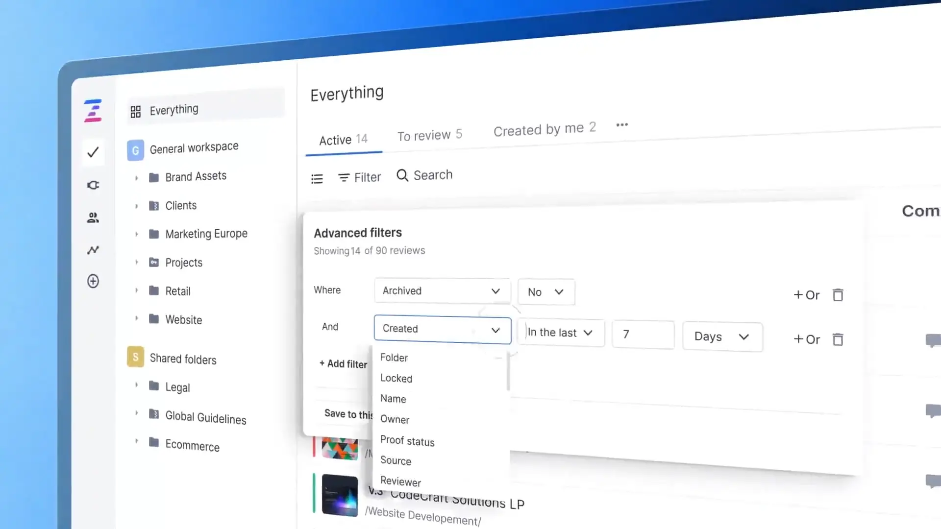 Ziflow advanced filters tab dropdown with decision status selection-1