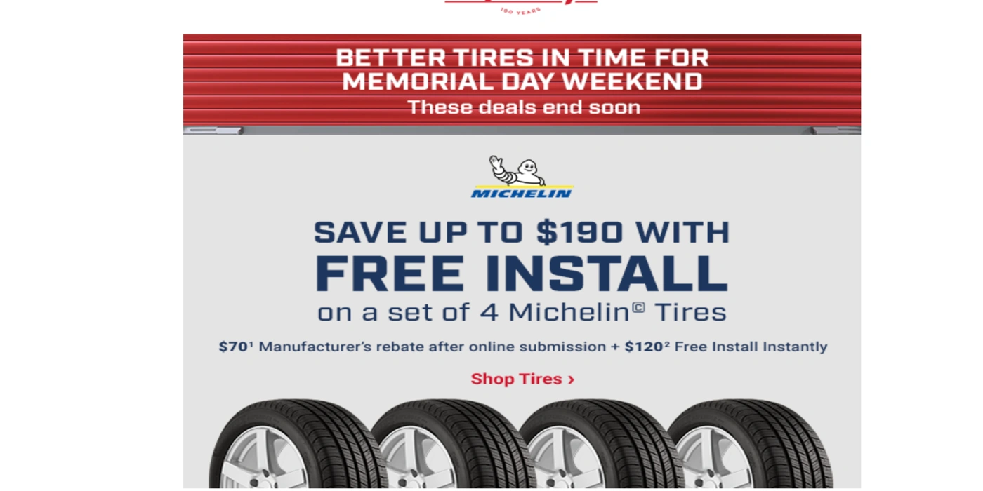 better tires in time for memorial day weekend - save up to 190$ with free install