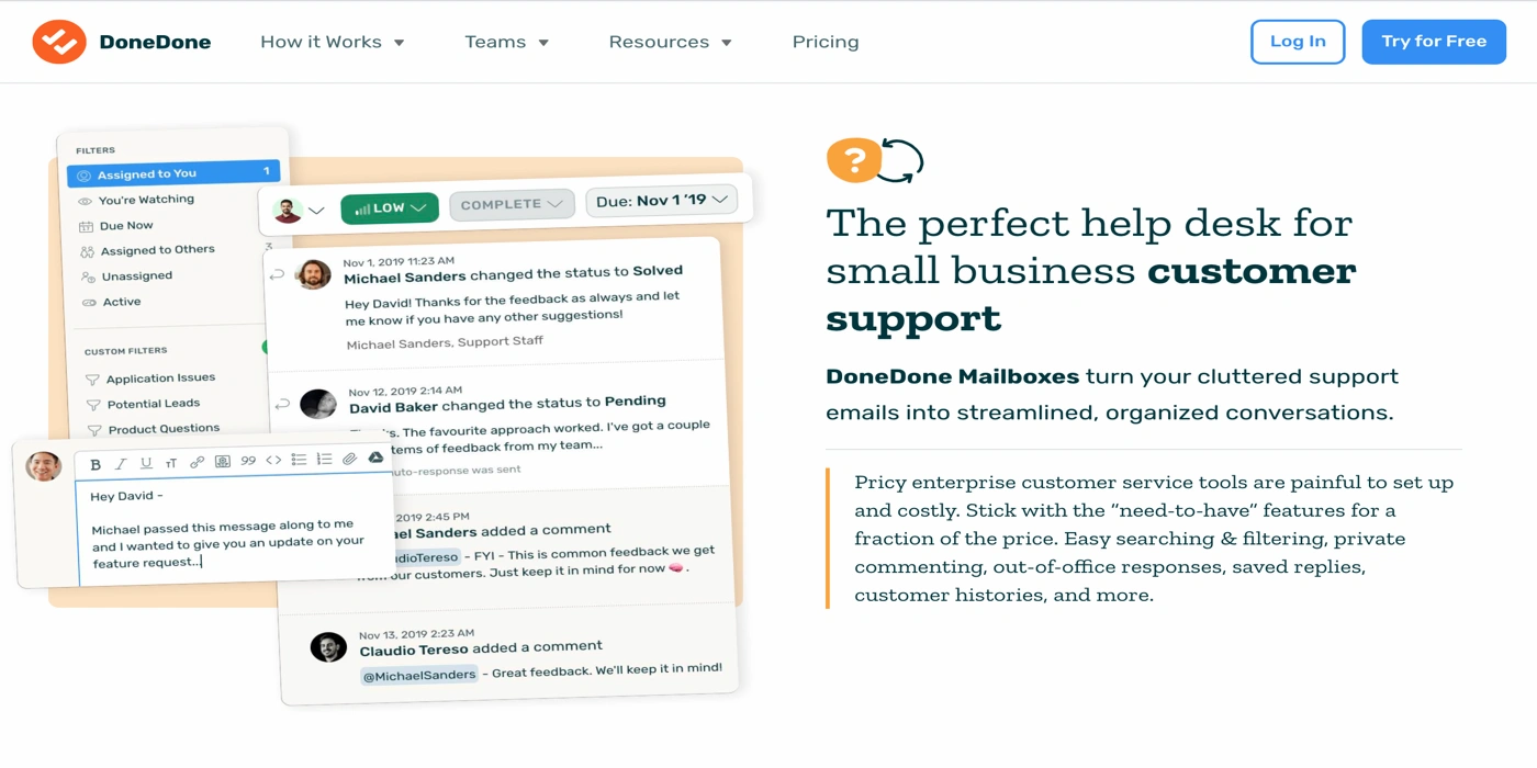 DoneDone the perfect help desk for small business customer support - turn your cluttered support emails into streamlined, organized conversations
