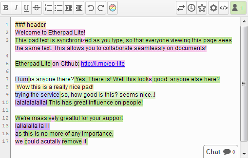 etherpad software in app view editing and highlighting text