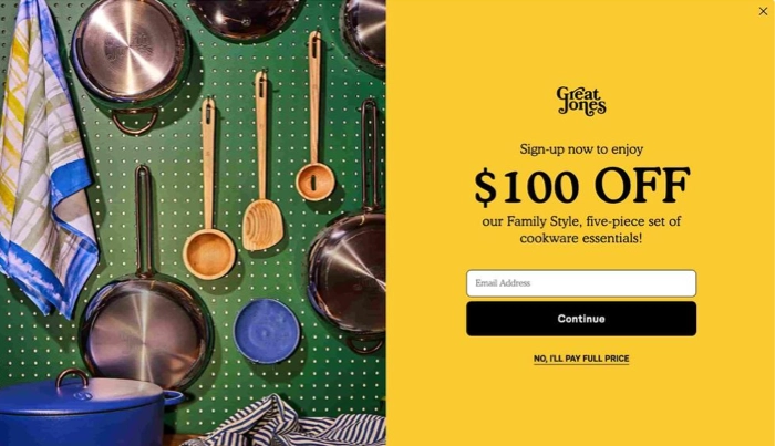 great jones landing page - 100$ off sign up form