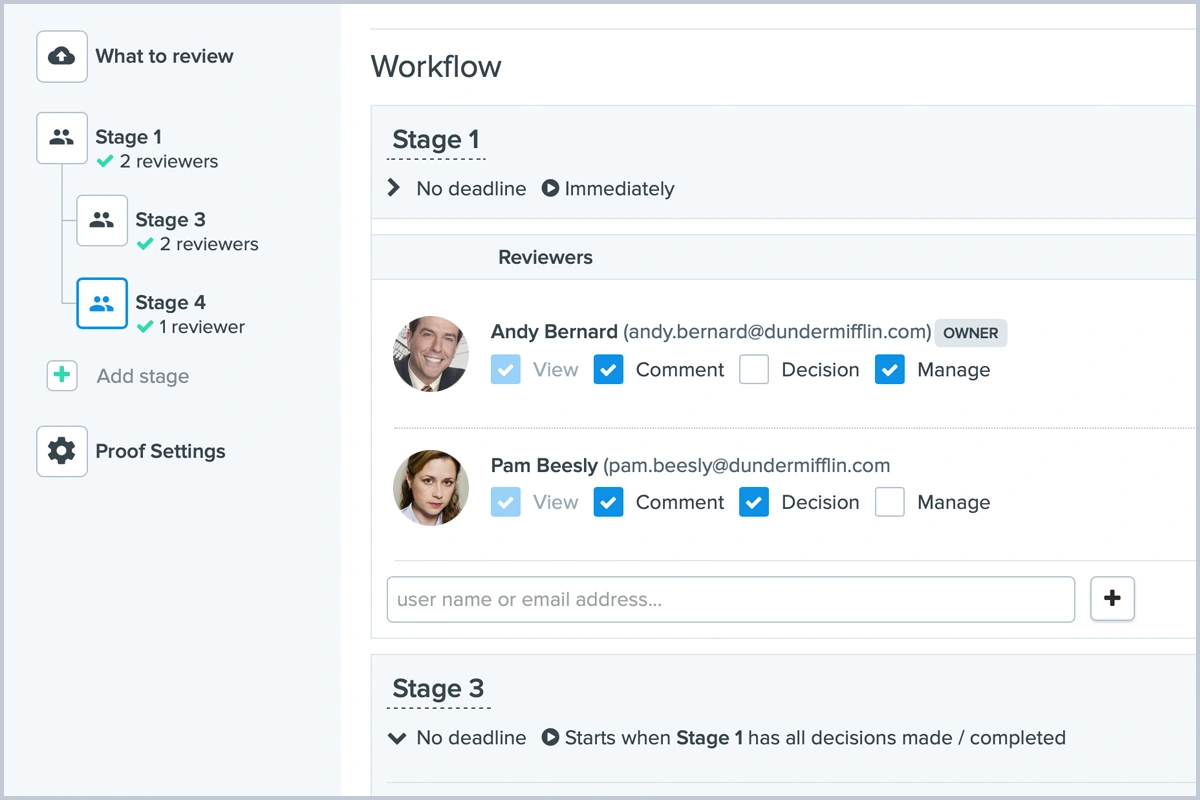 workflow settings view in Ziflow - stages, what to review and adding stage